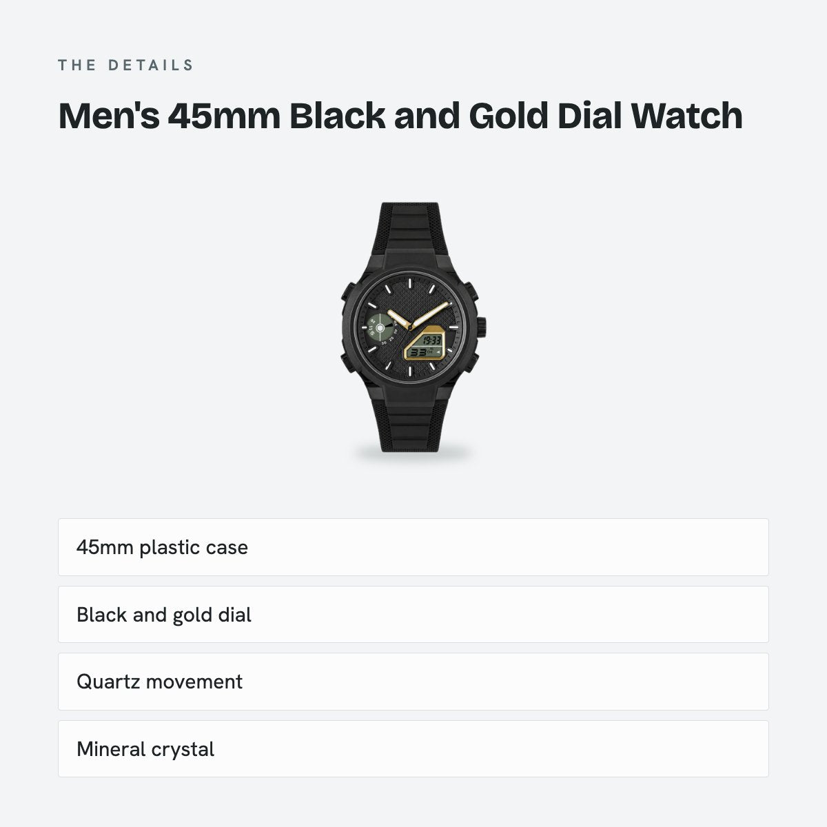 Men's 45mm Black and Gold Dial Watch, details
