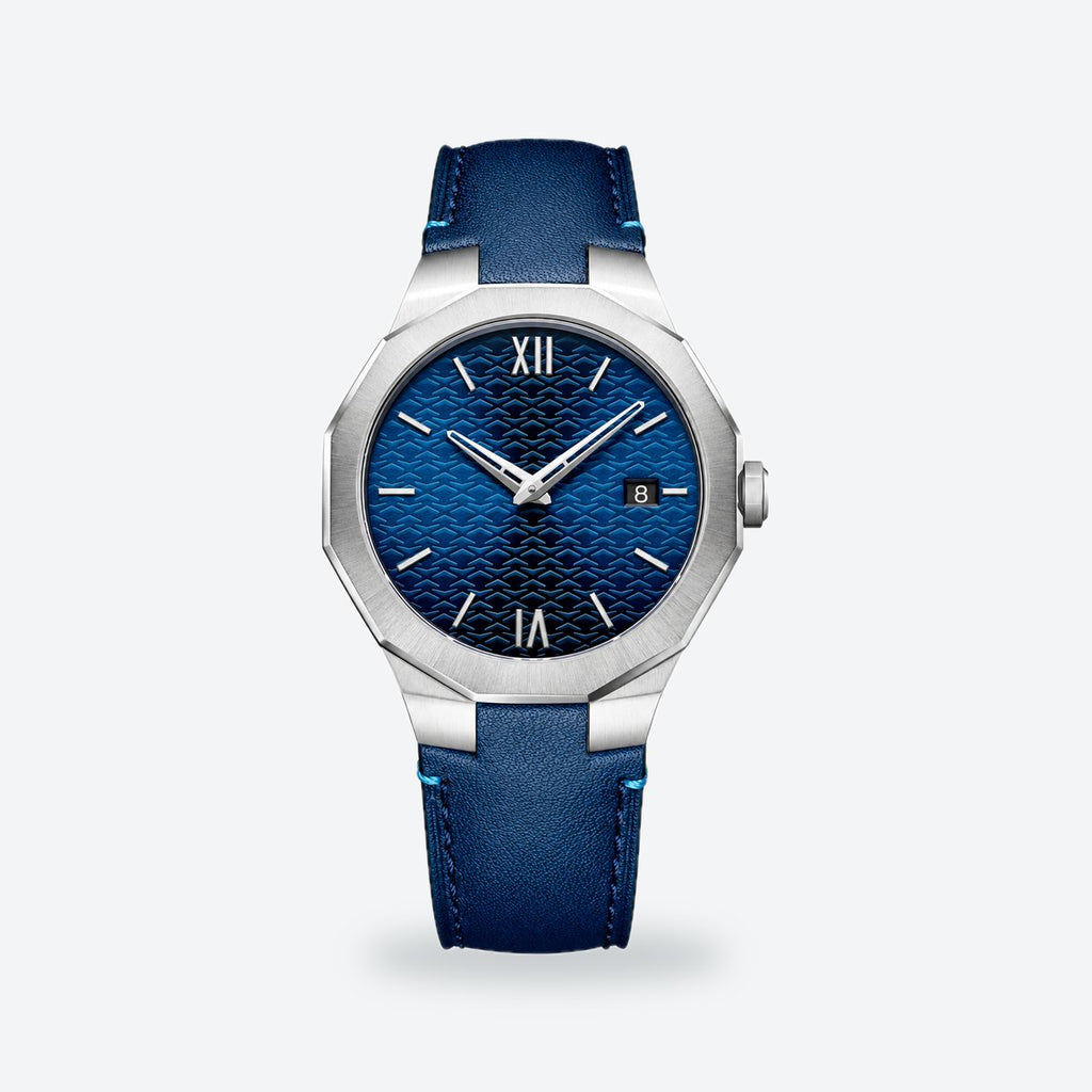 Men's 39mm Blue Dial Watch, Leather Strap, photo