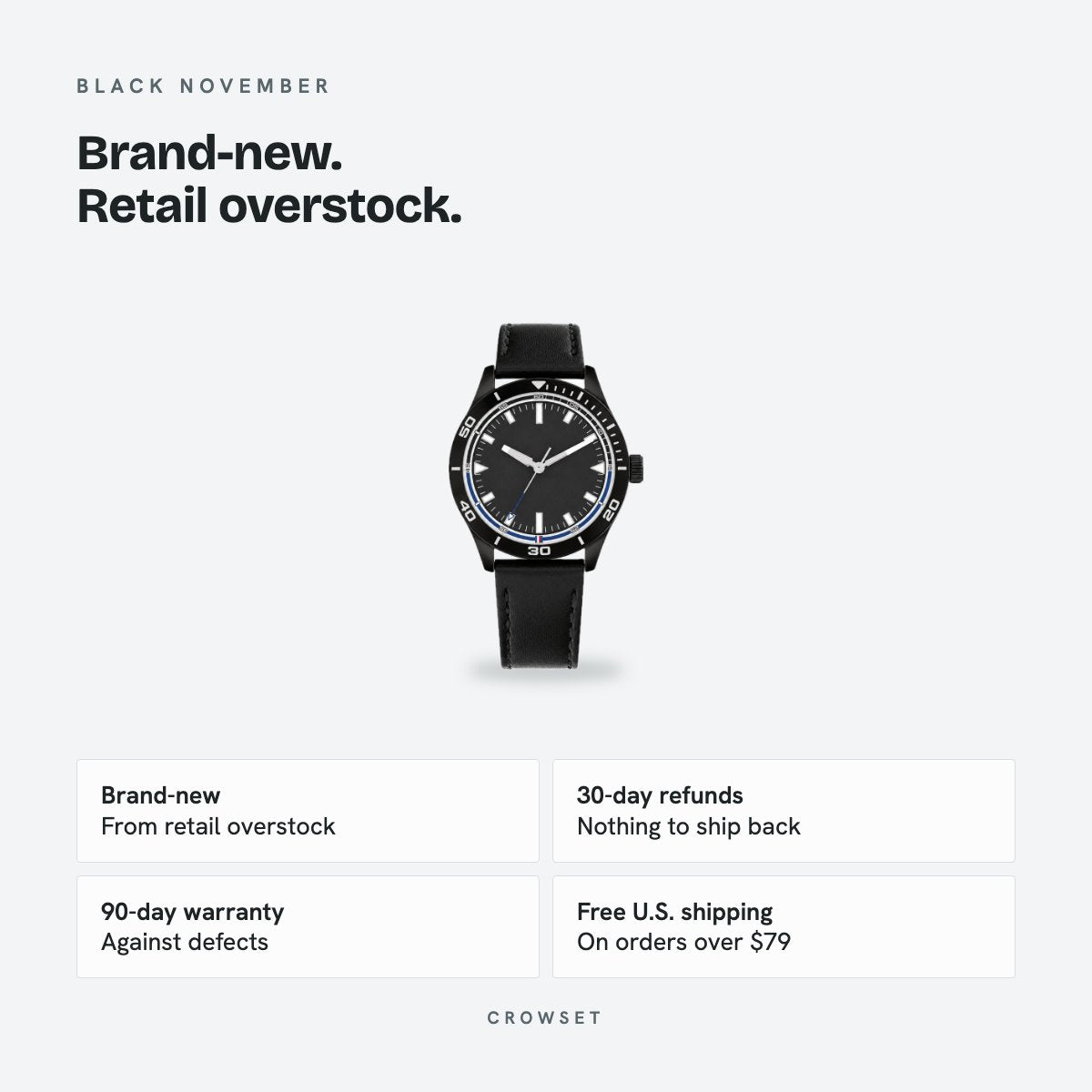 Men's 42mm Black Dial Watch, Leather Strap, details