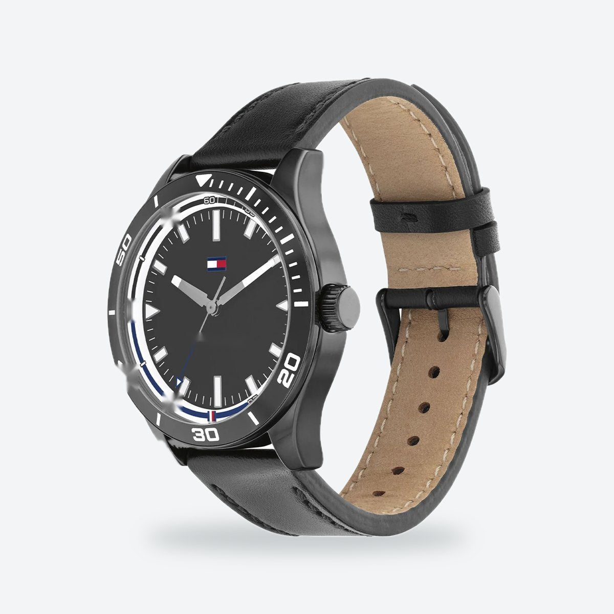 Men's 42mm Black Dial Watch, Leather Strap, view 3