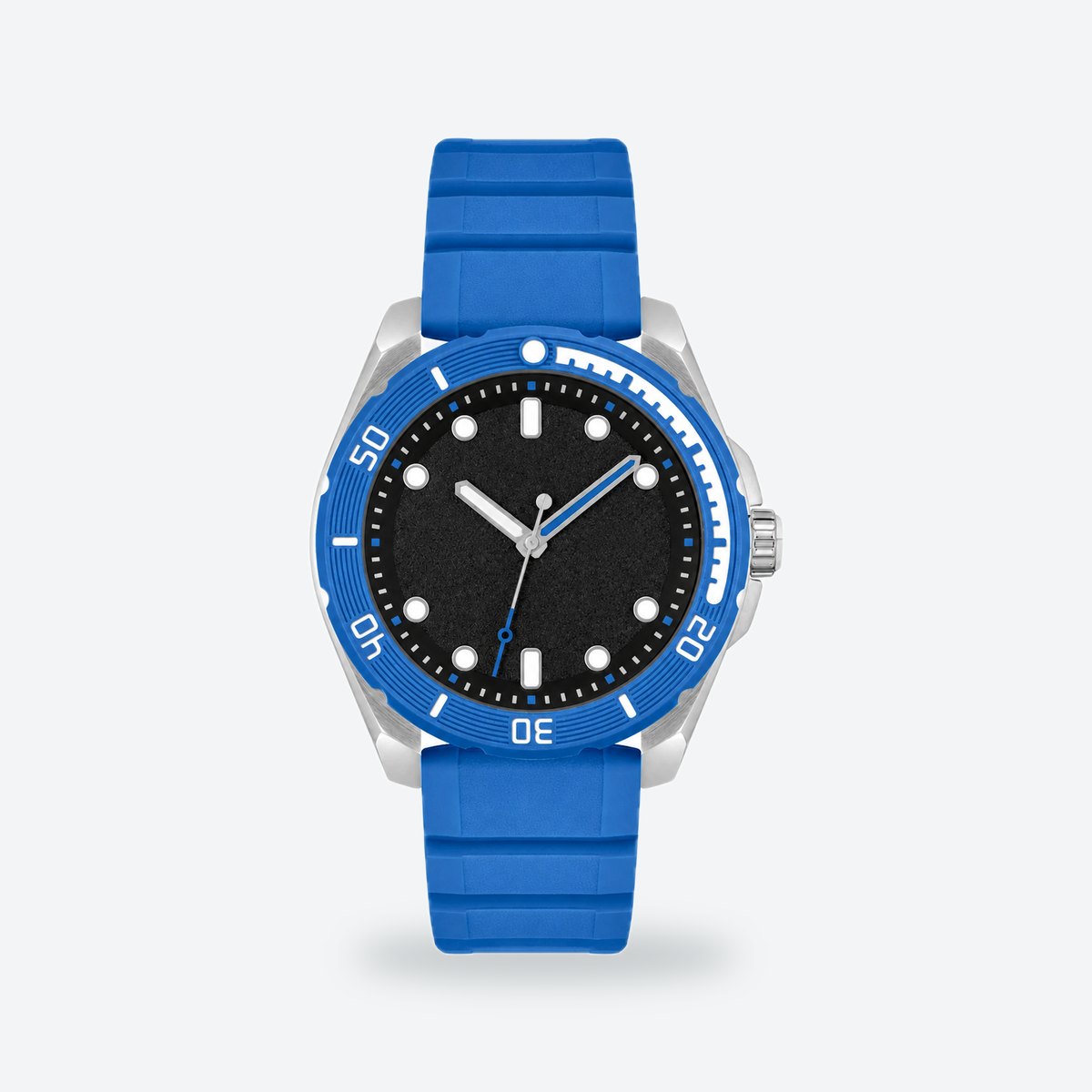 Men's 44mm Black Dial Watch, Rubber Strap, Black dial / Blue