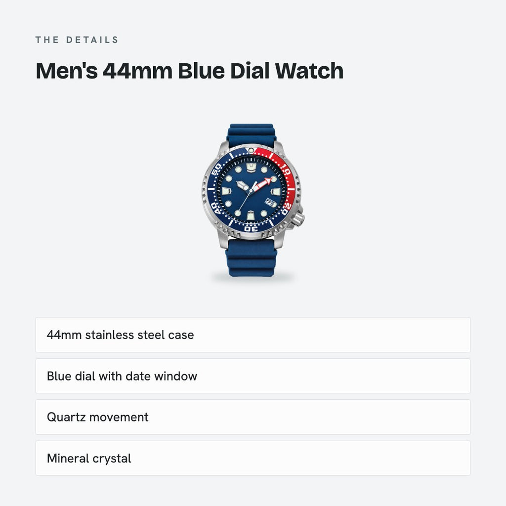 Men's 44mm Blue Dial Watch, Silicone Strap, details