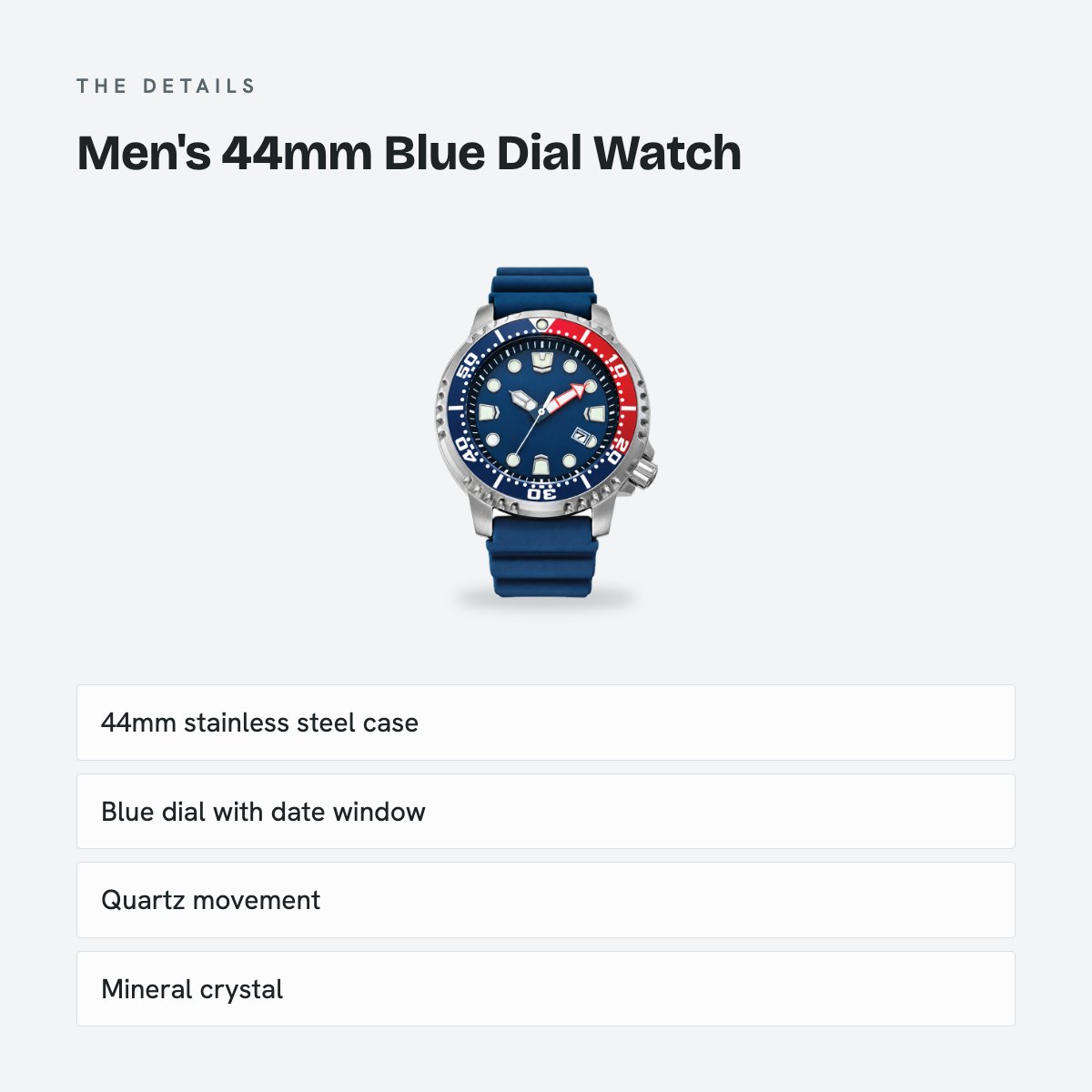 Men's 44mm Blue Dial Watch, Silicone Strap, details