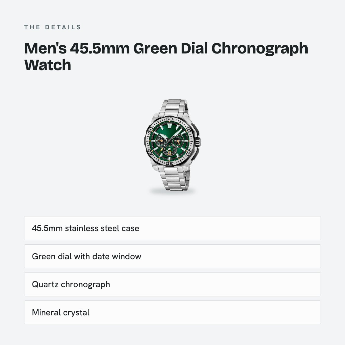 Men's 45.5mm Green Dial Chronograph Watch, details