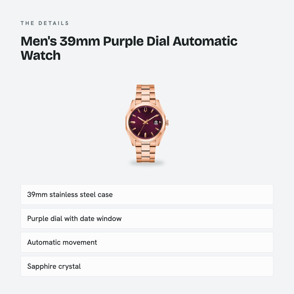 Men's 39mm Purple Dial Automatic Watch, details
