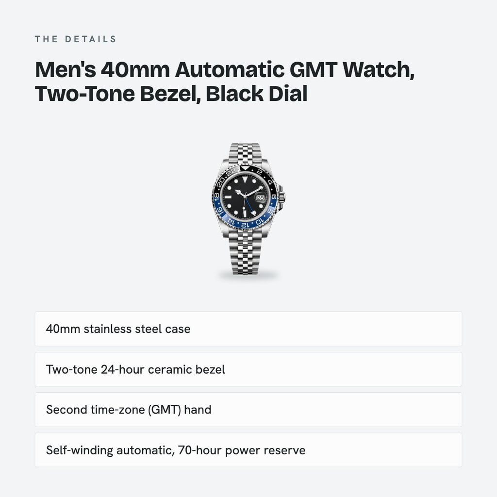 Men's 40mm Automatic GMT Watch, Two-Tone Bezel, Black Dial, details