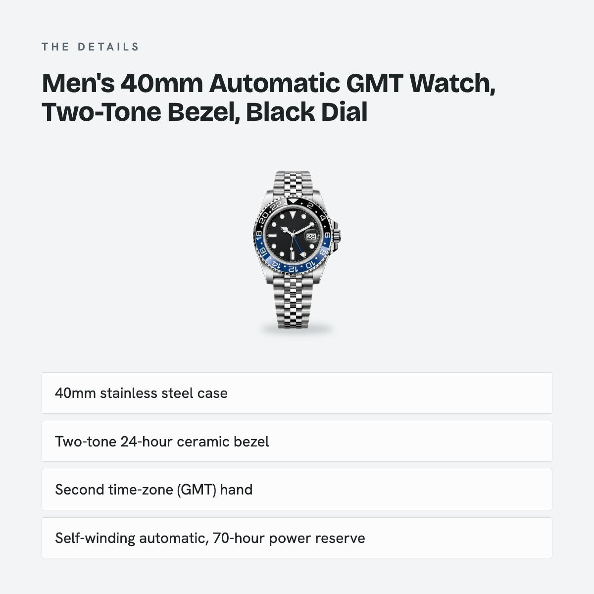 Men's 40mm Automatic GMT Watch, Two-Tone Bezel, Black Dial, details