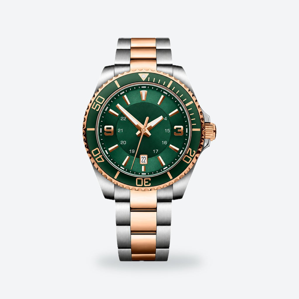 Men's 43mm Blue Dial Watch, Steel Bracelet, Style 2, Green dial / Silver-tone