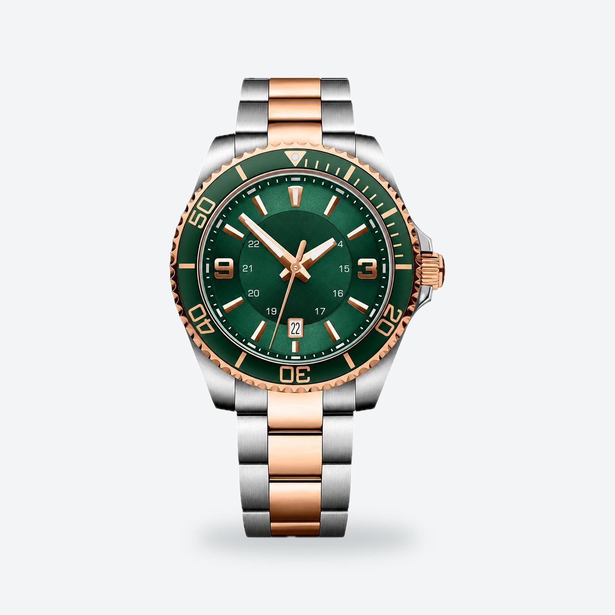 Men's 43mm Blue Dial Watch, Steel Bracelet, Style 2, Green dial / Silver-tone