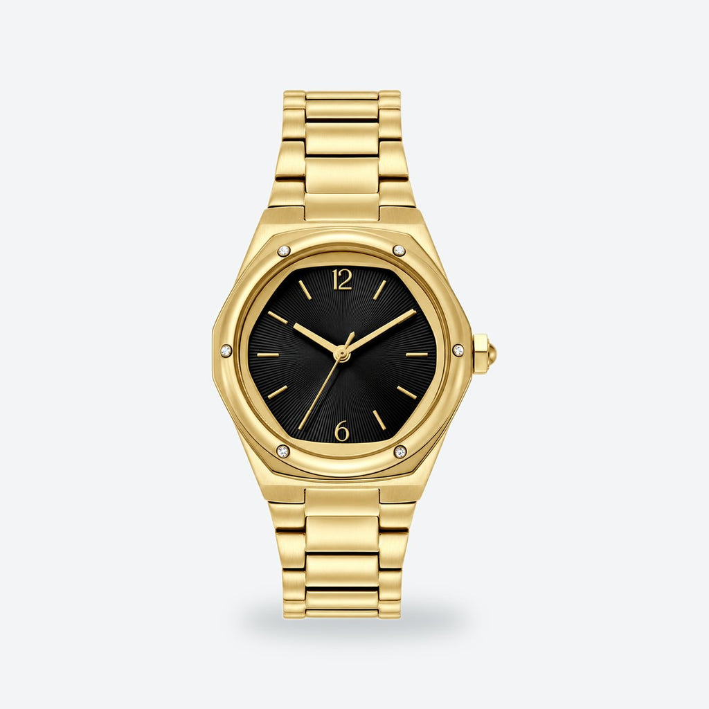Women's 33mm Silvery White Dial Watch, Black dial / Gold-tone