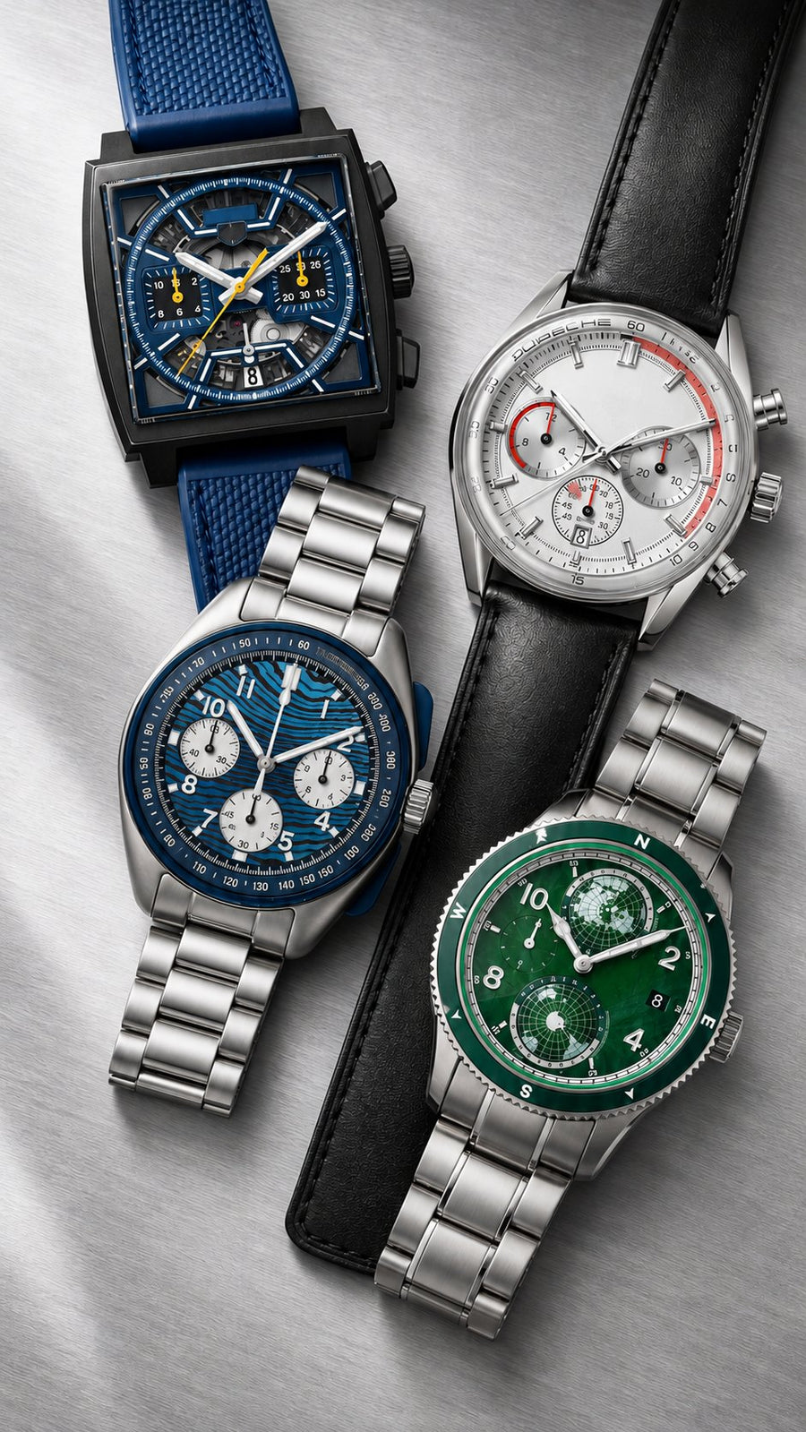Chronograph watches on gray satin